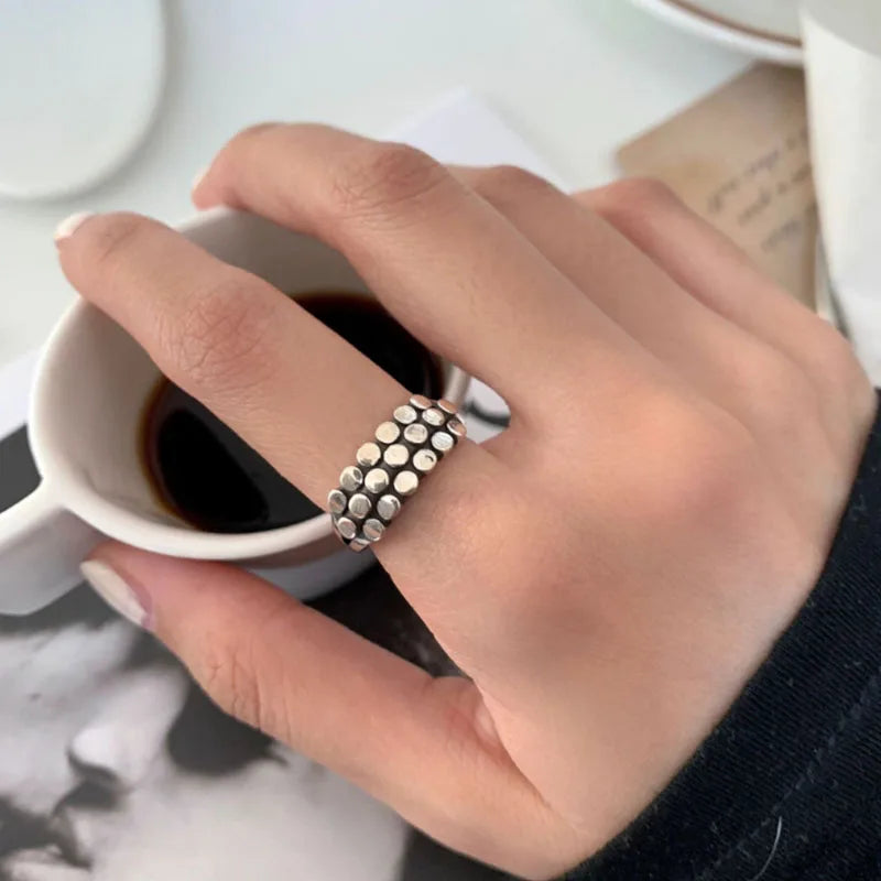 VENTFILLE 925 Sterling Silver Geometric Multilayer Round Bead Ring Female Fashion Pun alternate view