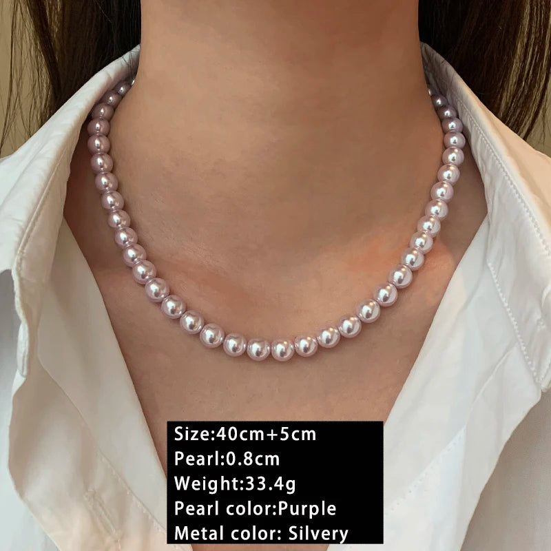 Rose Purple Pearl Bead Choker Necklace | Elegant Korean Jewelry for Women close-up view