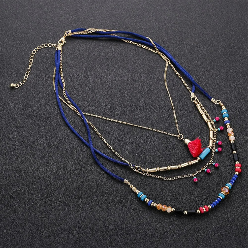 Bohemian Multilayer Handmade Colorful Beads Chain Pendant Necklaces For Women Girls Ac close-up view