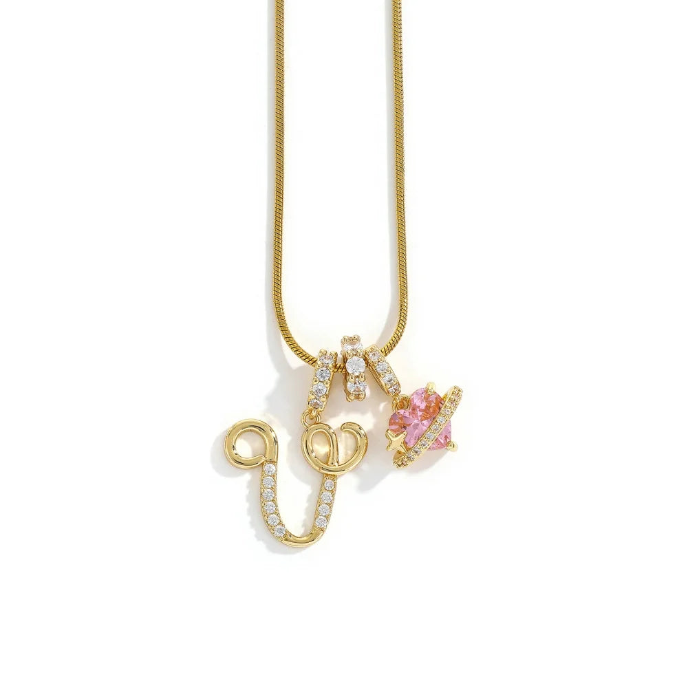 Gold Color Zircon Flower Pendant Necklace Female A-Z 26 Letter Alphabet Wedding Jew additional angle