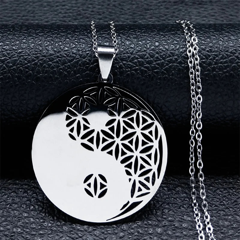 Sacred Geometry Flower of Life Necklace | Stainless Steel Mandala Pendant with Black B close-up view