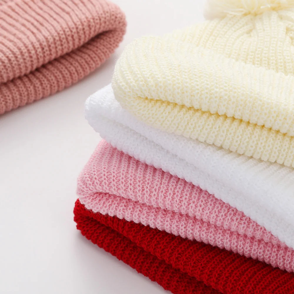 Solid Pom Knitted Baby Beanie | Newborn Infant Winter Hat additional angle