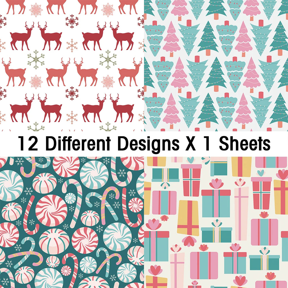 12pcs Retro Christmas Scrapbook Paper | Christmas Tree Design Single Sided DIY Craft alternate view