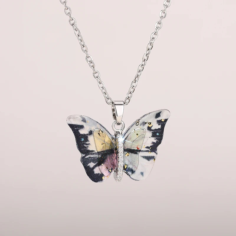 Huitan Aesthetic Butterfly Pendant Necklace for Women Silver Color/Gold Color Inlaid lifestyle view