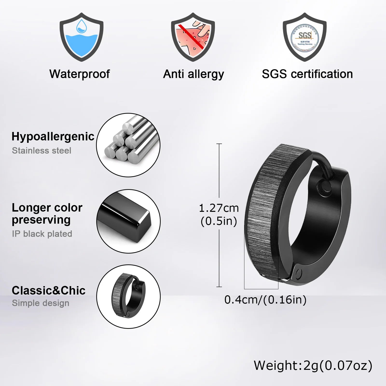 Vnox Anti Allergy Stainless Steel Hoop Earrings, Unisex Simple Metal Huggies Earrin additional angle