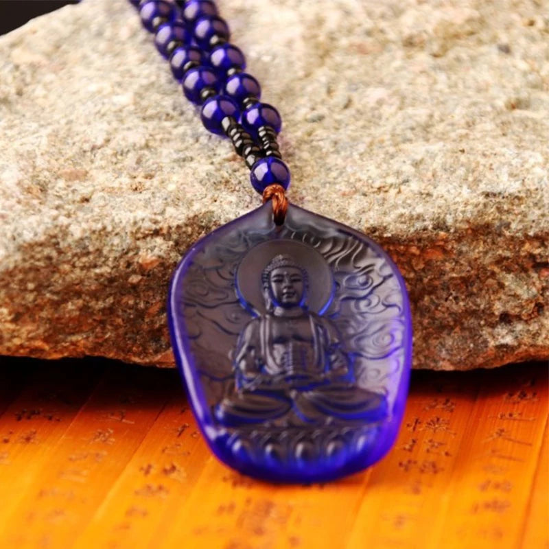 Handcrafted Buddhist Mala Bead Necklace | Stone Buddha Pendant close-up view