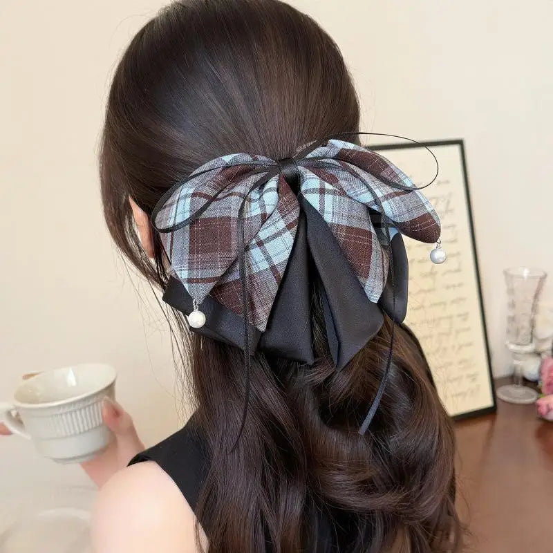 【MAX-22】Vintage Plaid Butterfly Knot Hair Clip Women's Back Of Head Bun Shark Hair Clip Hair Accessories