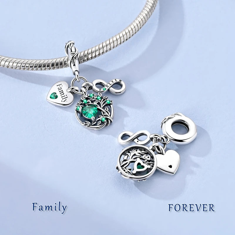 925 Sterling Silver Pendant Charms Beads Green Four-leaf Clover Love Family Tree Char alternate view