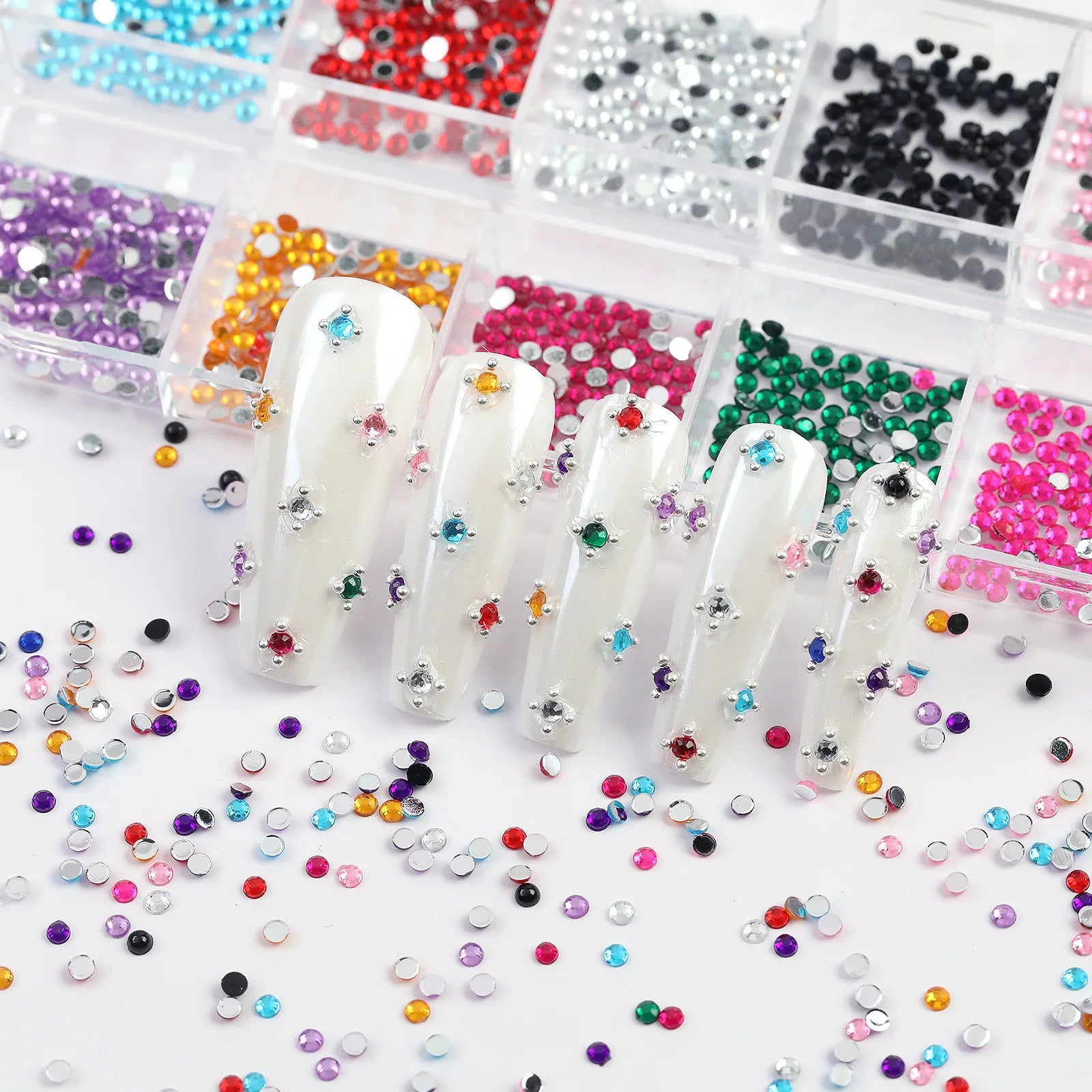 12 Cell Sparkling Crystal Nail Art Beads - Flat Base Stones for Multi‑scene Embellishm close-up view