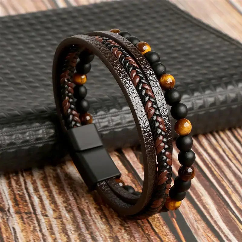 Classic Men's Leather Bracelet New Style Hand-woven Multi-layer Combination Accessory lifestyle view