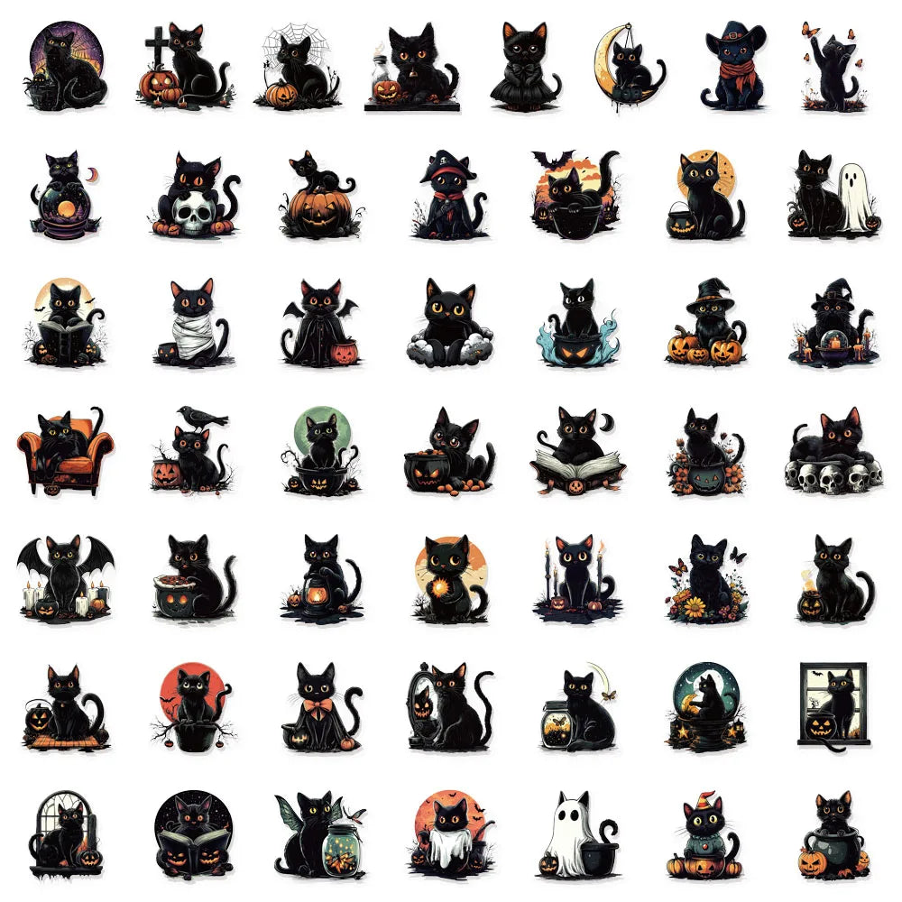 50PCS Halloween Cute Black Cat Creative Graffiti Stickers DIY Luggage Notebook Water lifestyle view