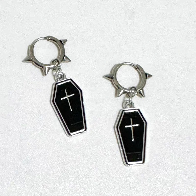 Gothic Coffin Cross Hoop Earrings | Punk Grunge Jewelry for Women