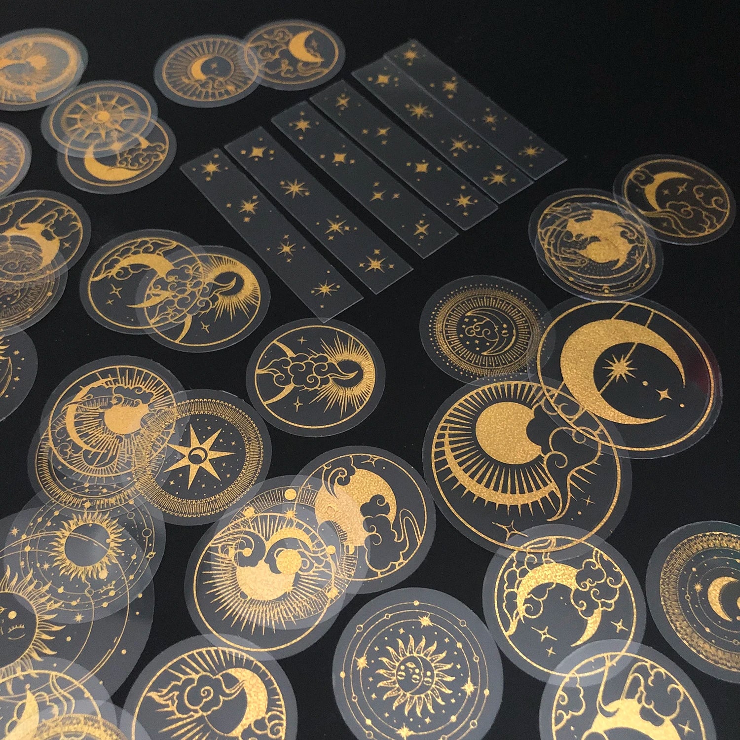 70 pcs Glitter Gold PET Adhesive Stickers | Waterproof Transparent Label Set detail view