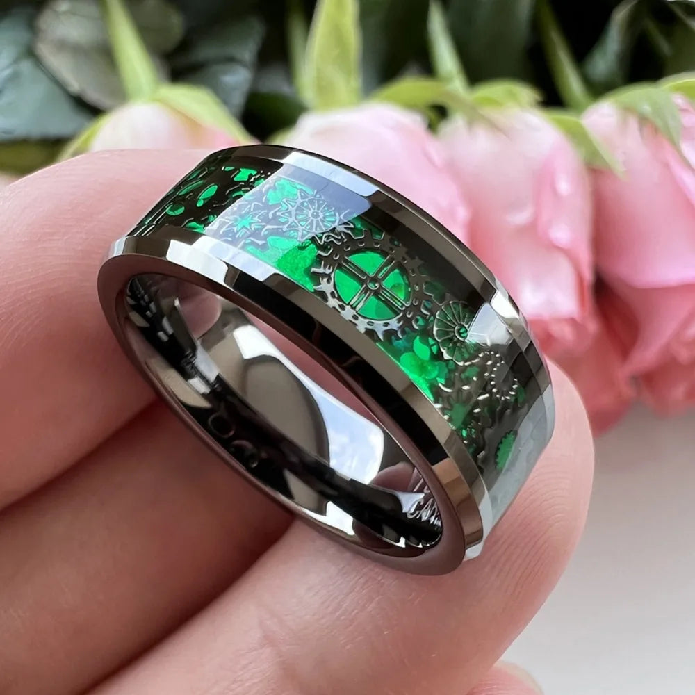 8MM Fashion Men Gear Inlay Steel Ring Polished Green Carbon fiber Stainless Steel Rings Women Weddin