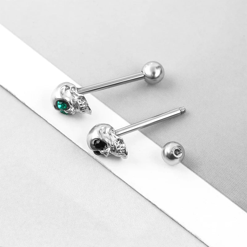 Tongue Rings Stainless Steel 316L, 5 Color Diamond Encrusted Skull Piercing Jewelry additional angle
