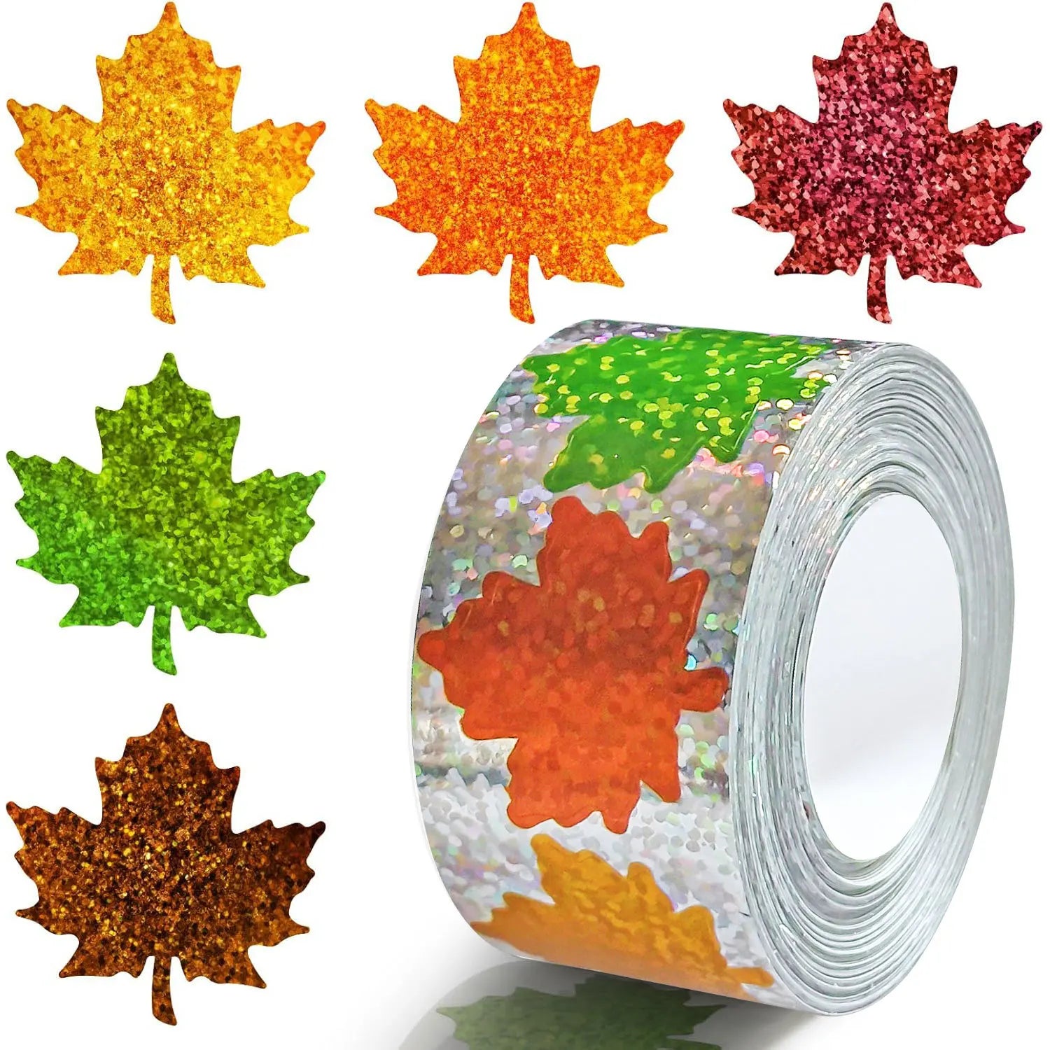 500Pcs Fall Thanksgiving Leaf Stickers | Holographic Maple Leaf Decals Roll detail view