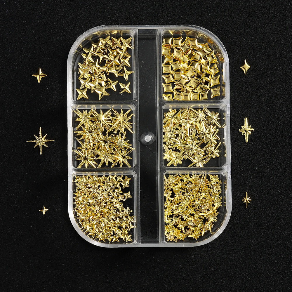 6/12Grids Gold Star Moon Metallic Rivet 3D Nail Charms Alloy Sun Moon Starlight Rhines close-up view