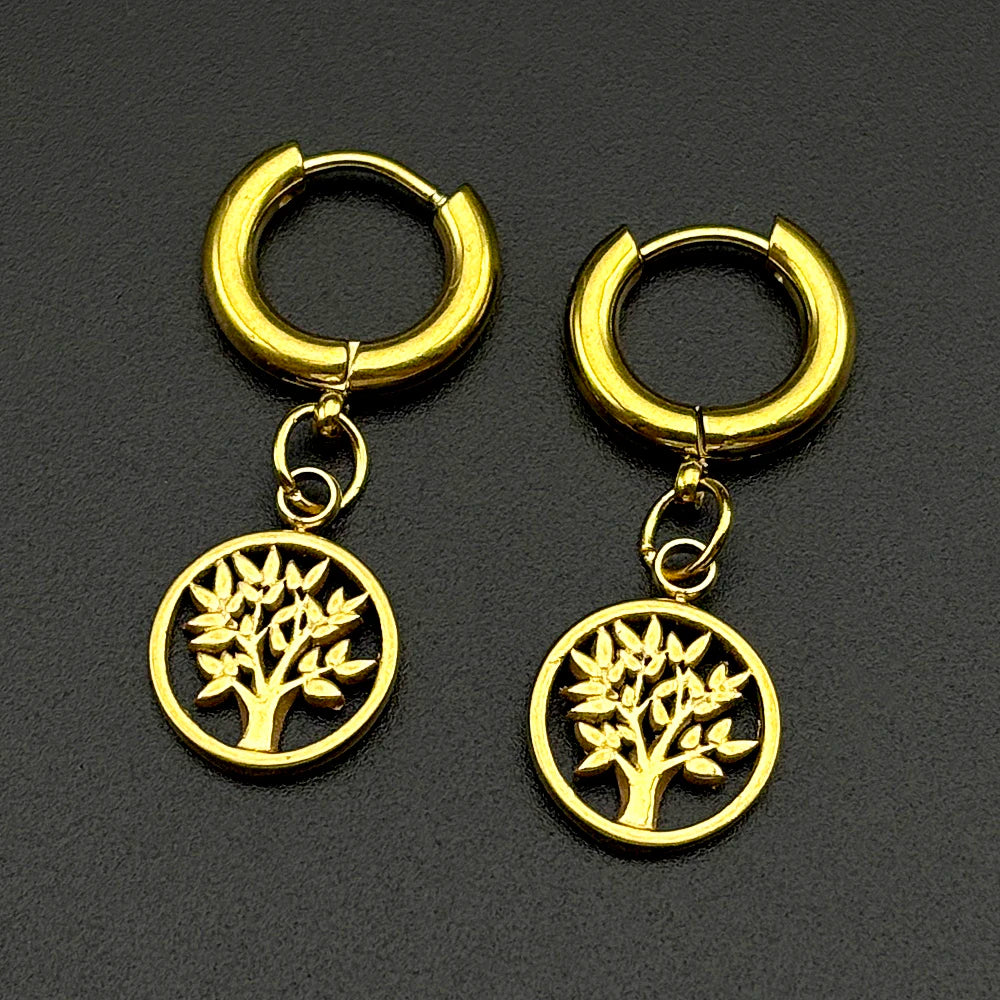 Tree Of Life Drop Earring For Women Men Stainless Steel Gold Color Spiritual Nature Inspired Hoop Ea
