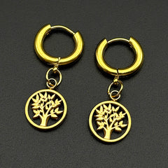 Tree Of Life Drop Earring For Women Men Stainless Steel Gold Color Spiritual Nature Inspired Hoop Ea