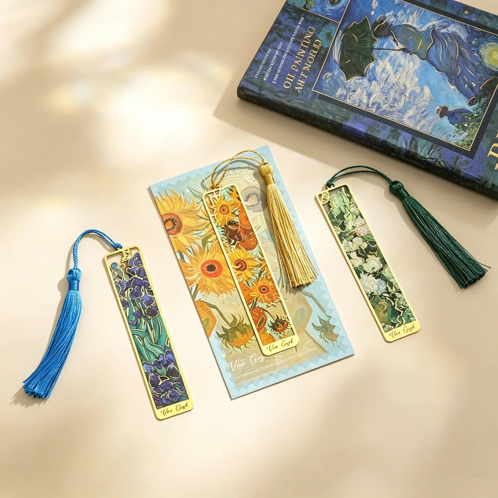 Van Gogh Monet Oil Painting Metal Bookmark Hollow Art Book Mark With Tassel, Vintage R close-up view