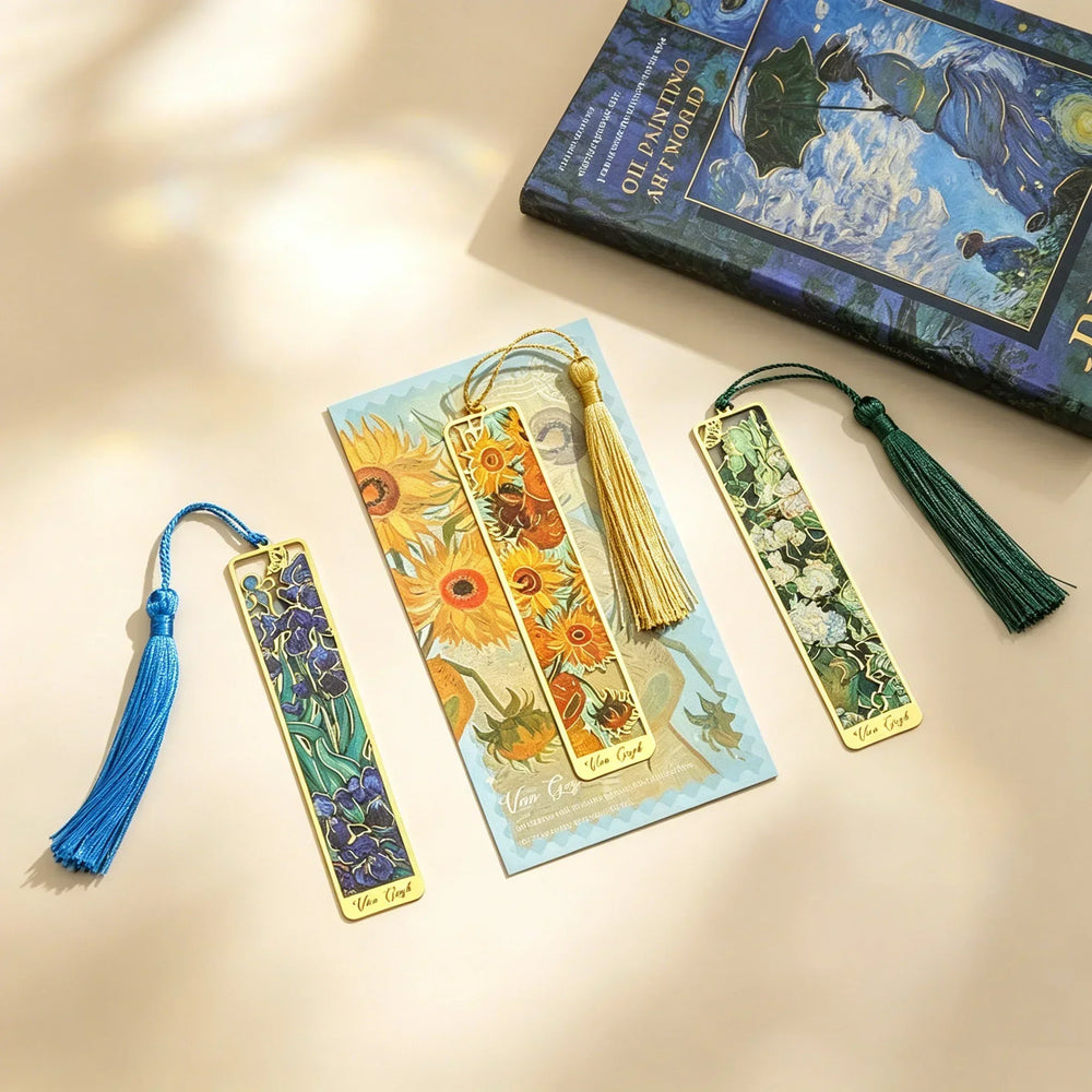 Van Gogh Monet Oil Painting Metal Bookmark Hollow Art Book Mark With Tassel, Vintage R close-up view