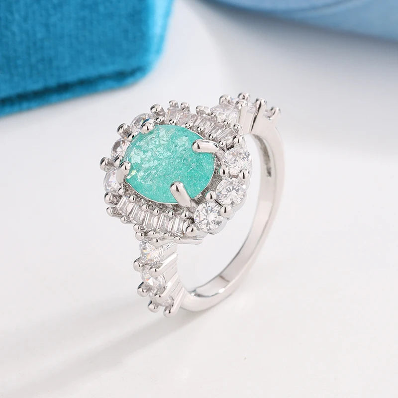 925 Silver Plated Luxurious Paraiba Sapphire Oval Full Diamond Couple Ring For Wome additional angle
