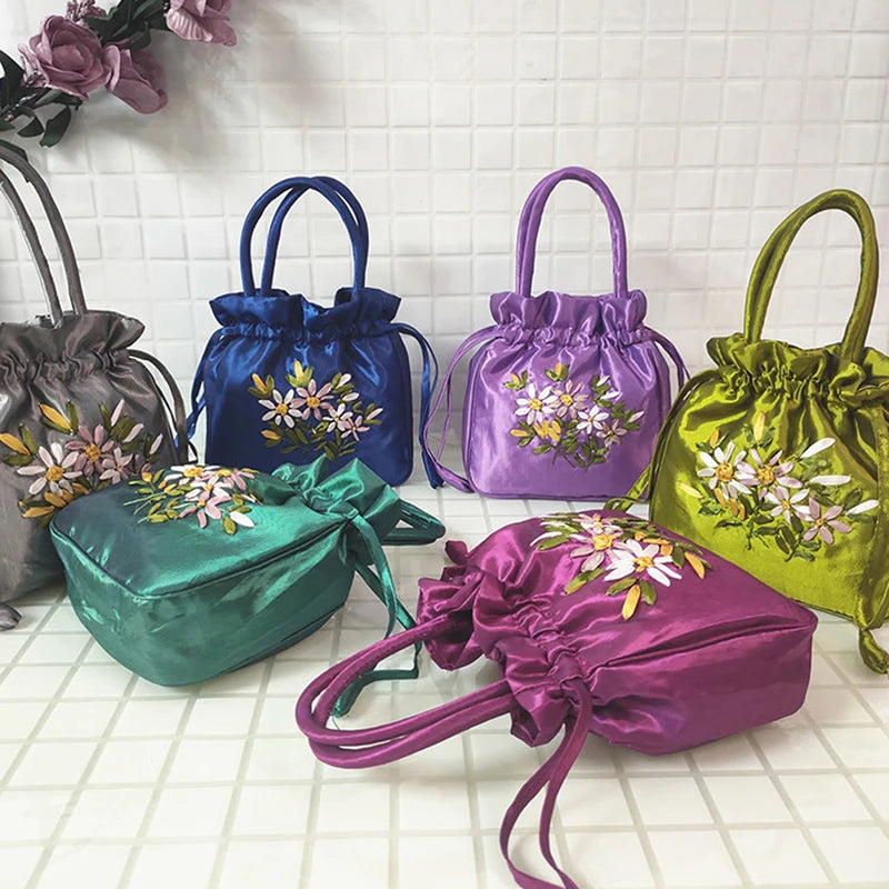 ZTBBAO Embroidered Flower Bucket Bag | Small Top Handle Handbag for Women detail view