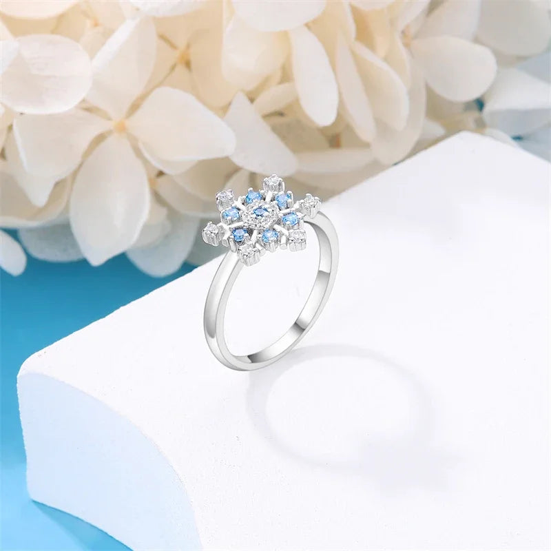 Women Ring 925 Sterling Silver Blue Zircon Snowflake Ring Winter Christmas Wedding Pa lifestyle view