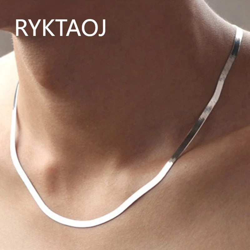 925 Sterling Silver Flat Herringbone Necklace Thin Shiny Snake Chain Minimalist Daint alternate view