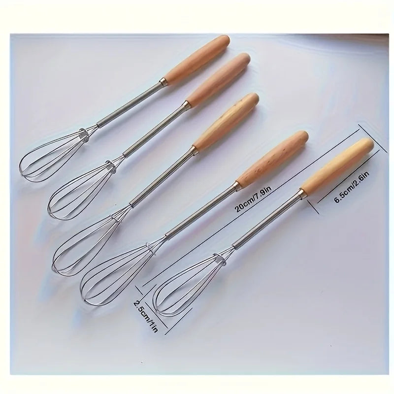 1pc/3pcs Set of Whisks with Solid Wood Handles | Stainless Steel Kitchen Whisk and Cre close-up view