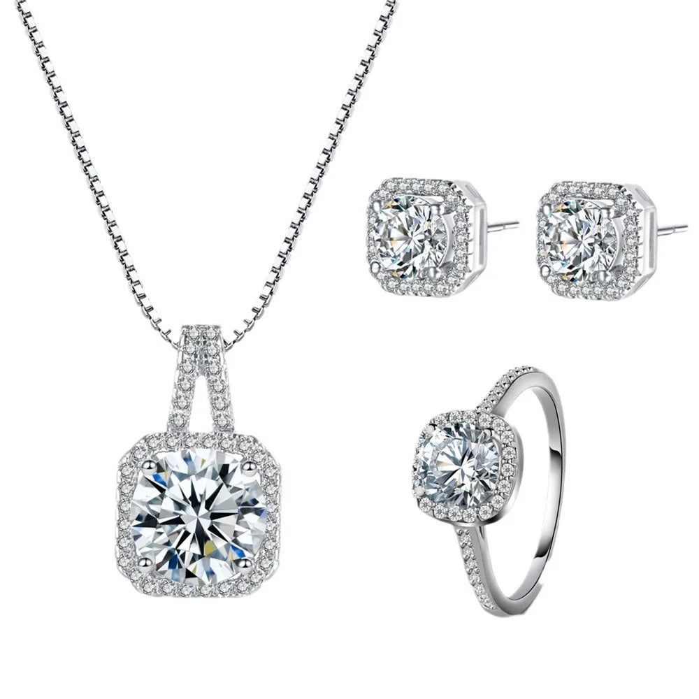 3pcs Set Necklaces Earrings Stud Ring CZ Stone Jewelry Set Silver Color Classic Women Evening Party