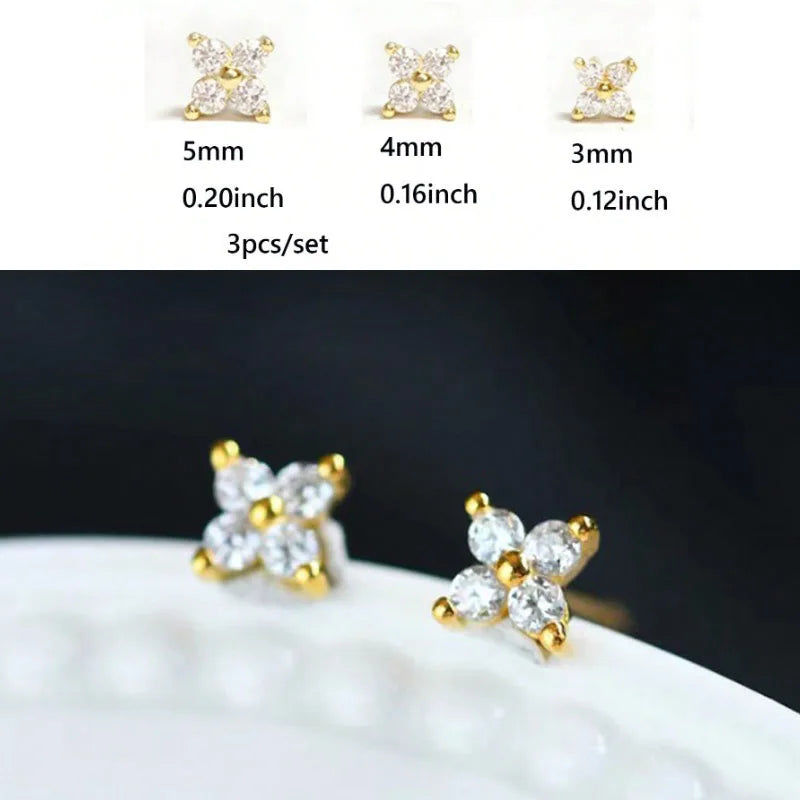 2/3Pcs Dainty CZ Flower Stud Earrings For Women, 18K Gold Plated Tiny Small Cute Cart alternate view