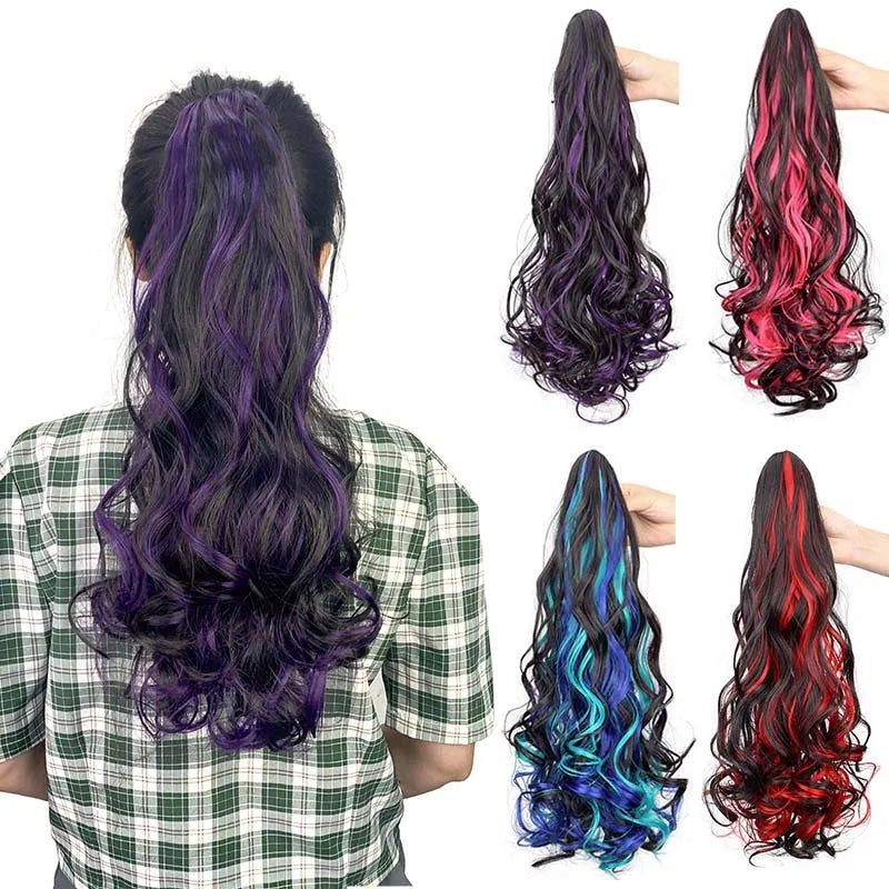 Synthetic 20Inch Long Curly Ponytail Claw Clip in Hair Extension Mixed Red Purple Hairpiece for Wome
