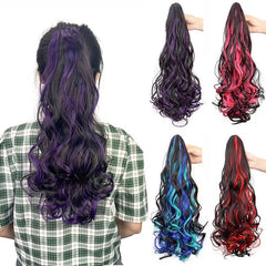 Synthetic 20Inch Long Curly Ponytail Claw Clip in Hair Extension Mixed Red Purple Hairpiece for Wome