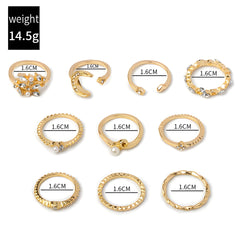 10Pcs Rings Suit For Women Gold-color Chain Ring Set Bohemian Style Coin Snake Moon St close-up view