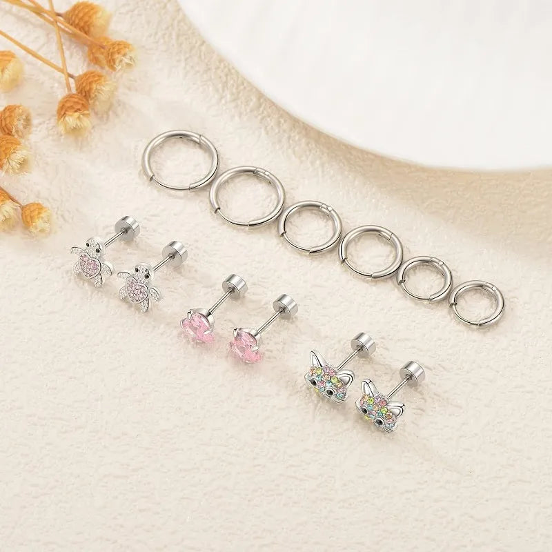 1/6 Pairs Hypoallergenic Screw Back Earrings, Flat Back Earrings Hoops Cat Turtle C additional angle