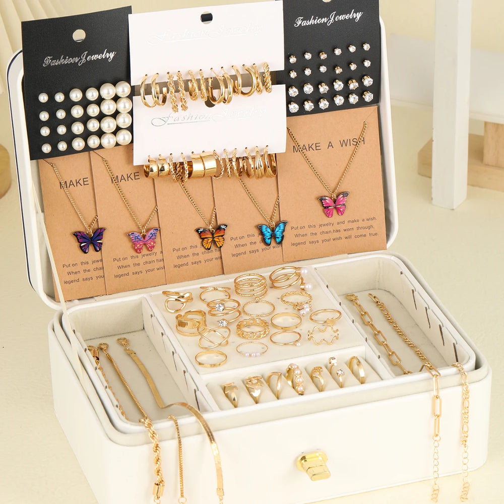 104 Pcs/Set Fashion Metal Pearl Zircon Earrings Butterfly Necklaces Bracelets Rings Co close-up view