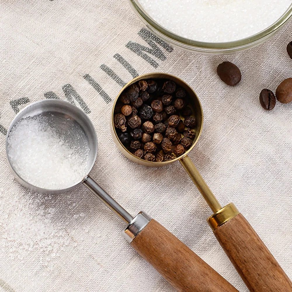Stainless Steel Measuring Spoon Set | Gold Wood Handle Kitchen Baking Tool additional angle