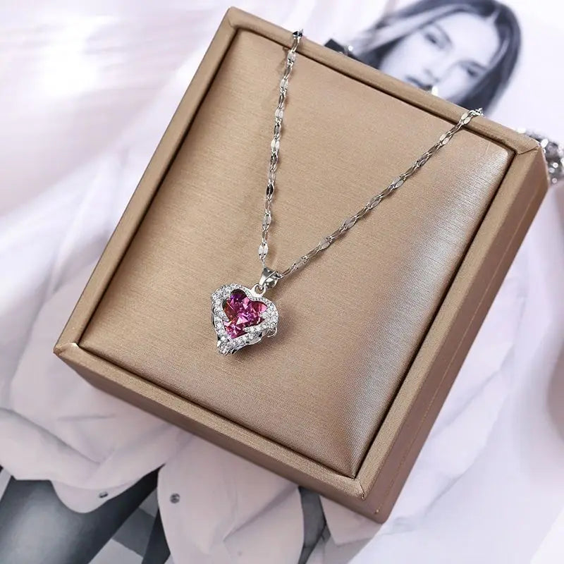 Stainless Steel Crystal Heart Pendant Necklace | Ocean Blue Jewelry for Women detail view