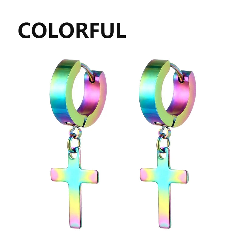 1Pair Punk Stainless Steel Cross Pendant Hoop Earrings For Men Women Not Fade Ear Rin alternate view