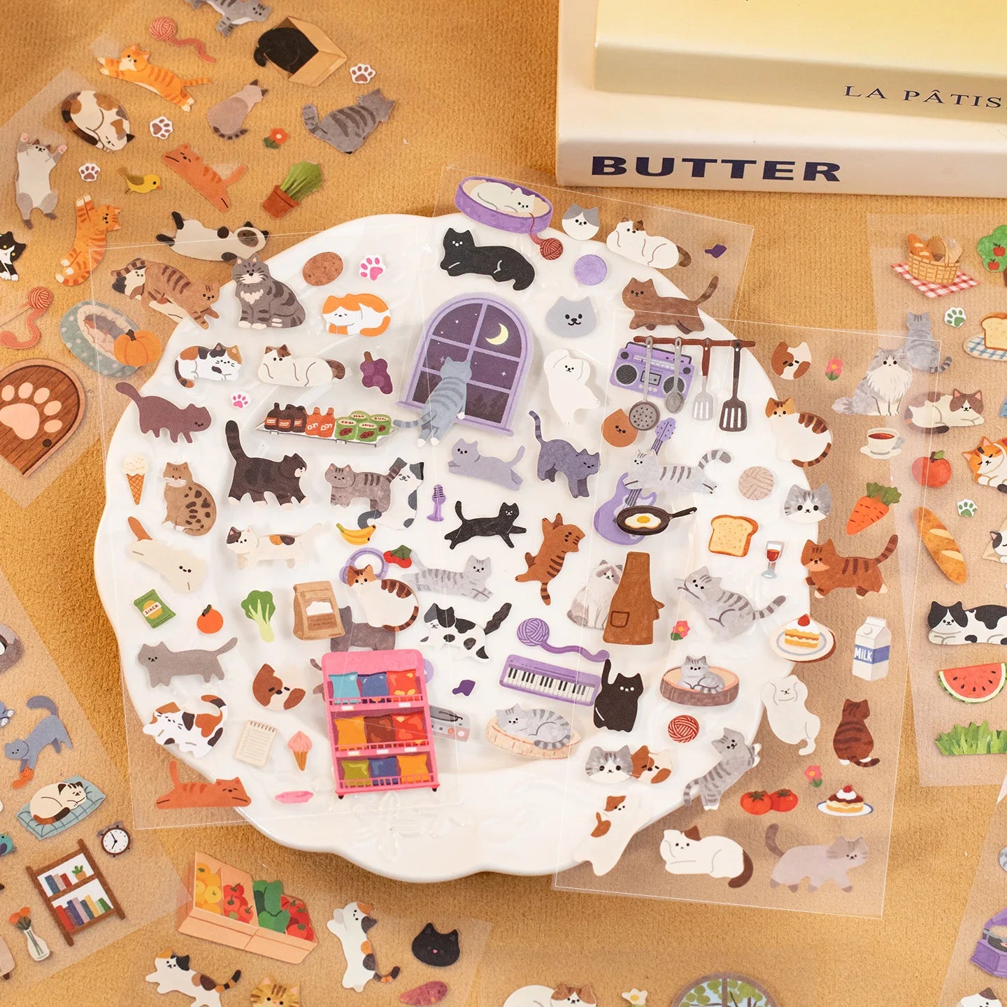 Mr. Paper 6-Pack Cat Life Stickers - Feline Theme Journal Supplies, Creative Collage lifestyle view