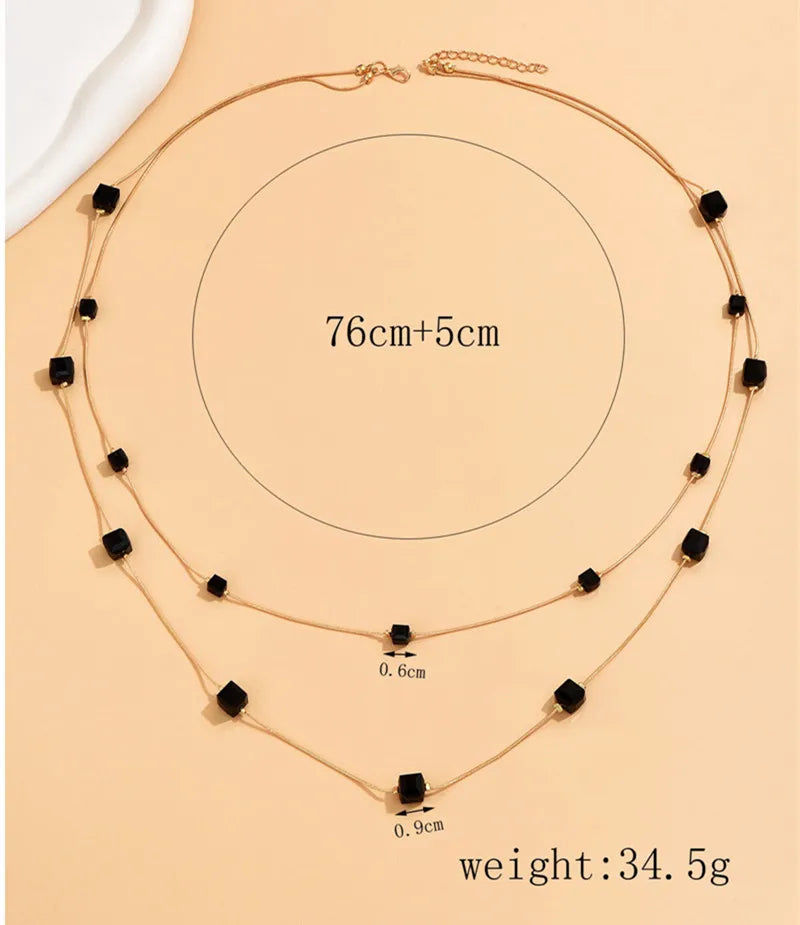 Gold Square Bead Sweater Chain Necklace | Double Layer Glass Pendant Jewelry for Wo additional angle