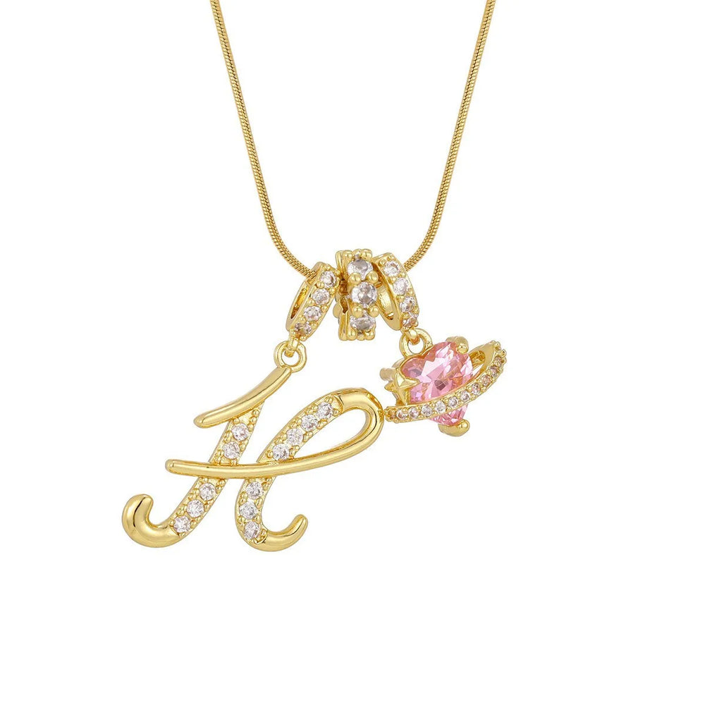 Fashion Letter Necklace for Women Pink Zircon Heart-shaped Pendant Suitable for Gir additional angle