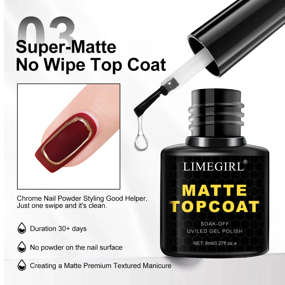 LIMEGIRL 8ml Soak Off Matte Top Base Coat for Nails UV Gel Polish Semi Permanent Funct close-up view