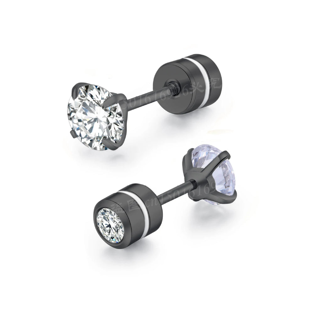 Black Top Stainless steel Unisex Women Men Round Crystal Zircon Ear Studs Earrings additional angle