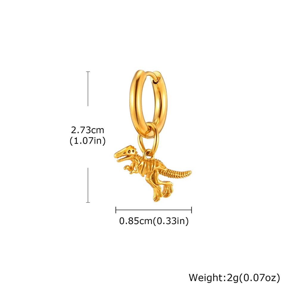 Dinosaur Drop Earrings | Stainless Steel Punk Rock Jewelry for Men and Women close-up view