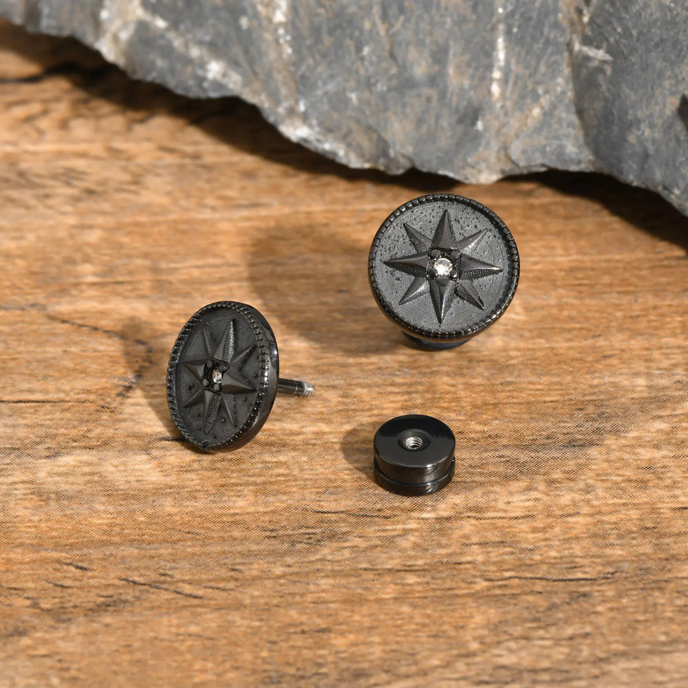 Nautical Compass Star Stud Earring for Men Boys,Black Circle Compass with White Zir additional angle