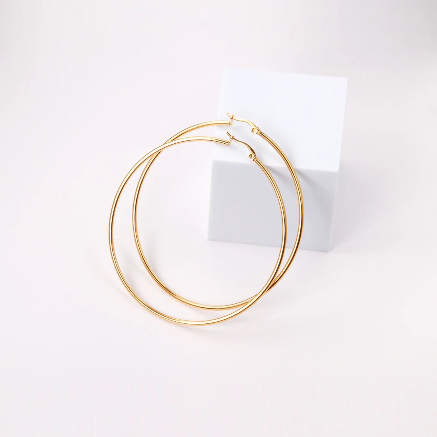 Gold Color Stainless Steel Hoop Earrings For Women Men Big/Small Circle Round Ear Jewe close-up view