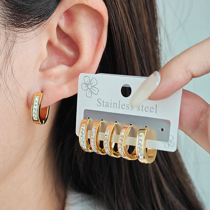 ANENJERY 316L Stainless Steel Hollow Circular Zircon Earrings For Women Men Fashion Pe close-up view