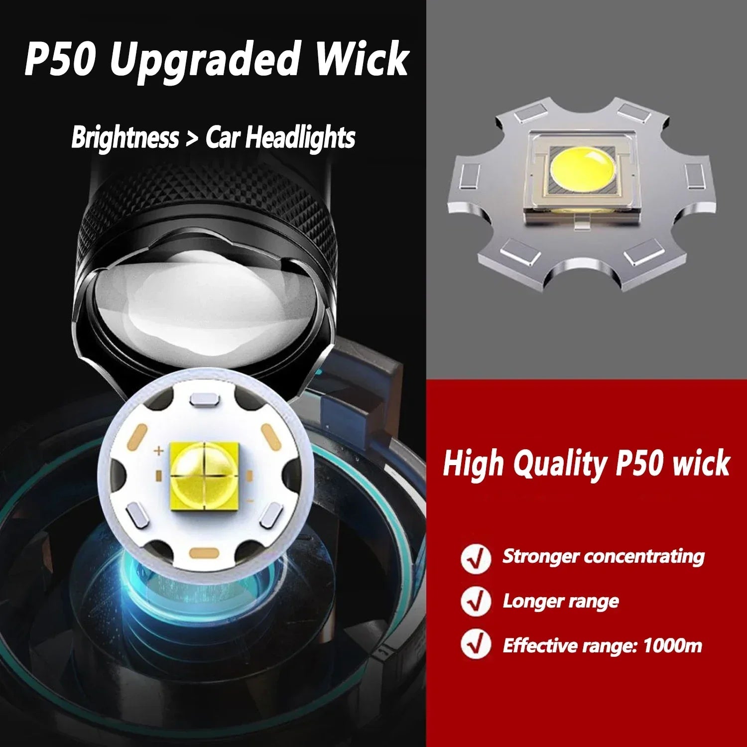 LED Tactical Flashlight P50 Telescopic Zoom Rechargeable detail view